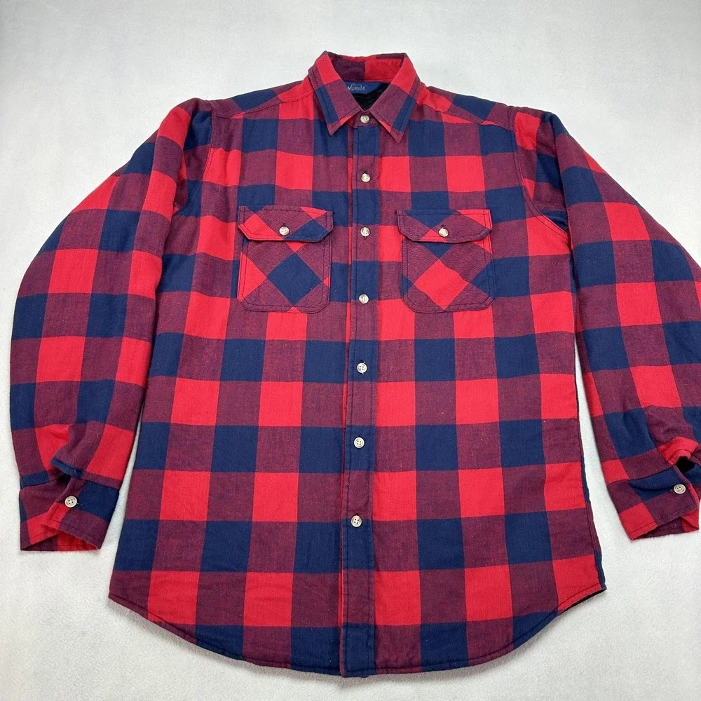 Vintage Woolrich Jacket Mens Medium Red‎ Navy Buffalo Plaid Quilted Flannel Barn